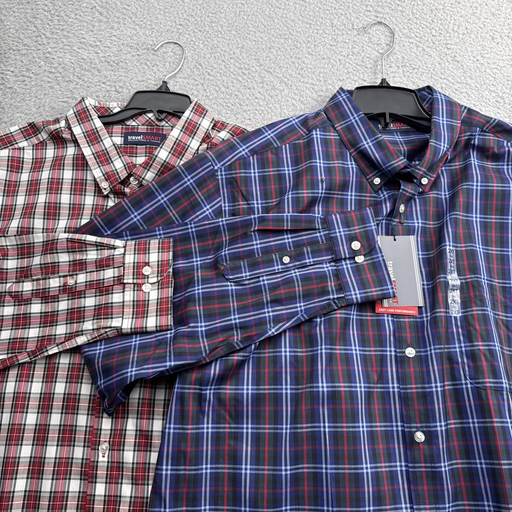 Roundtree & Yorke Shirt Men XXL Tall Blue Red NEW 2pk travelSMART Plaid